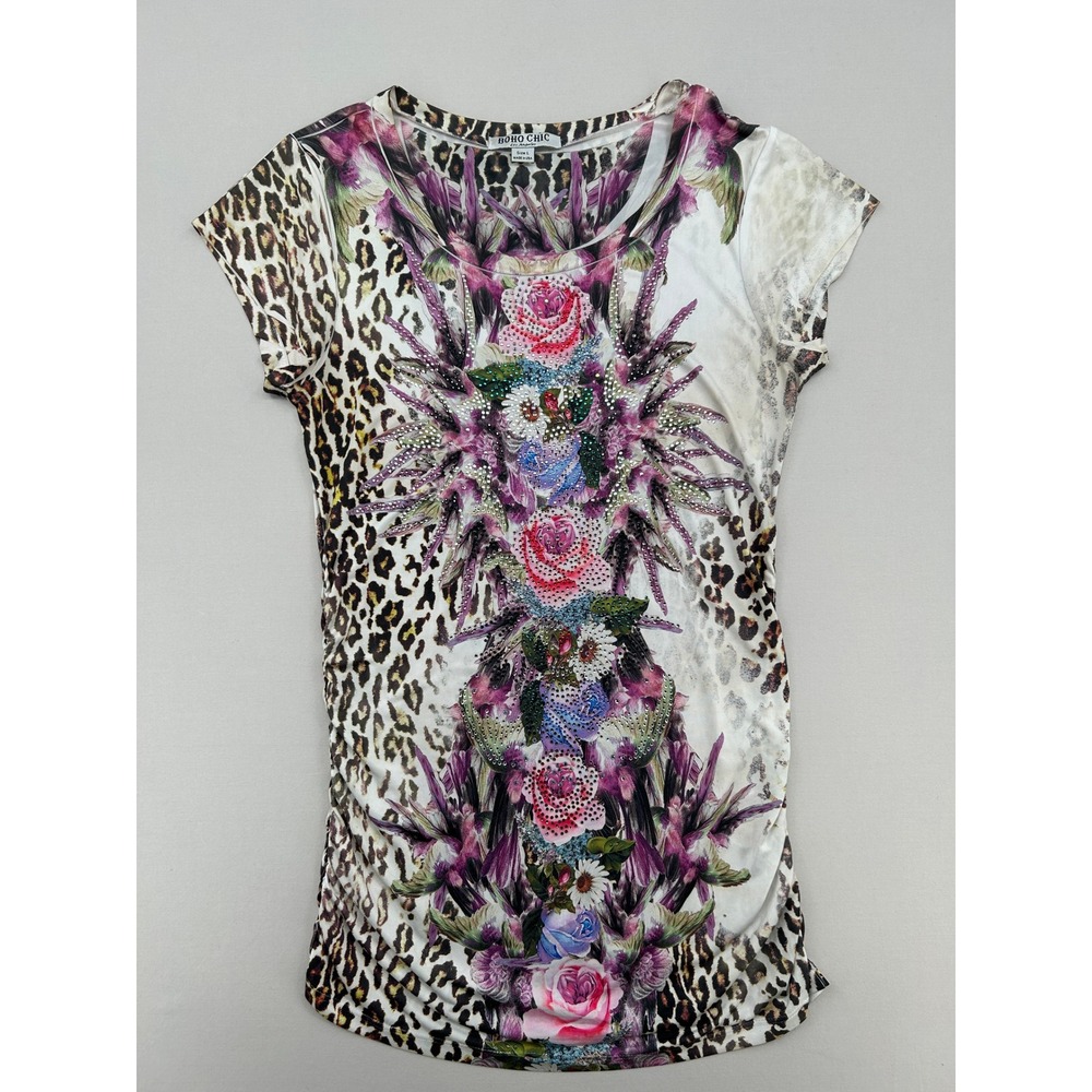 Boho Chic Los Angeles Leopard Floral Rhinestone Top Womens Large Short Sleeve